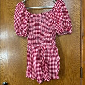 Red and White Gingham Romper with Puff Sleeves